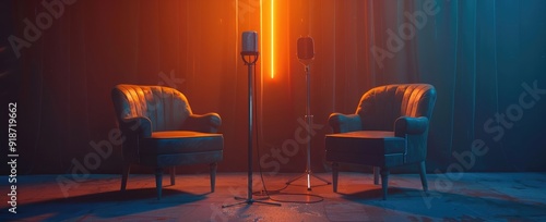 two chairs and microphone in the middle, dark blue background, orange light on wall behind mic stand, 3d rendering