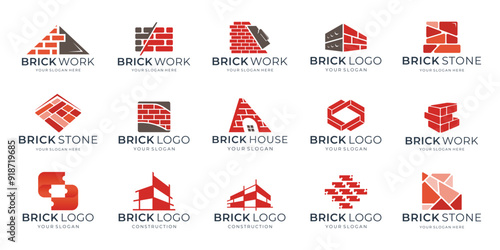 set of brick wall bricklayer logo icon symbol vector illustration, bundle and package of red brick works logos inspiration.