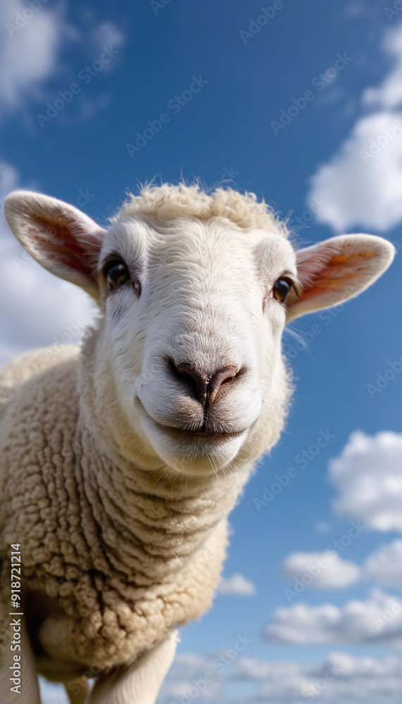 A cute delightful white fluffy sheep gazing directly looking at the camera with gentle, soulful eyes, set against the backdrop of a blue sky.