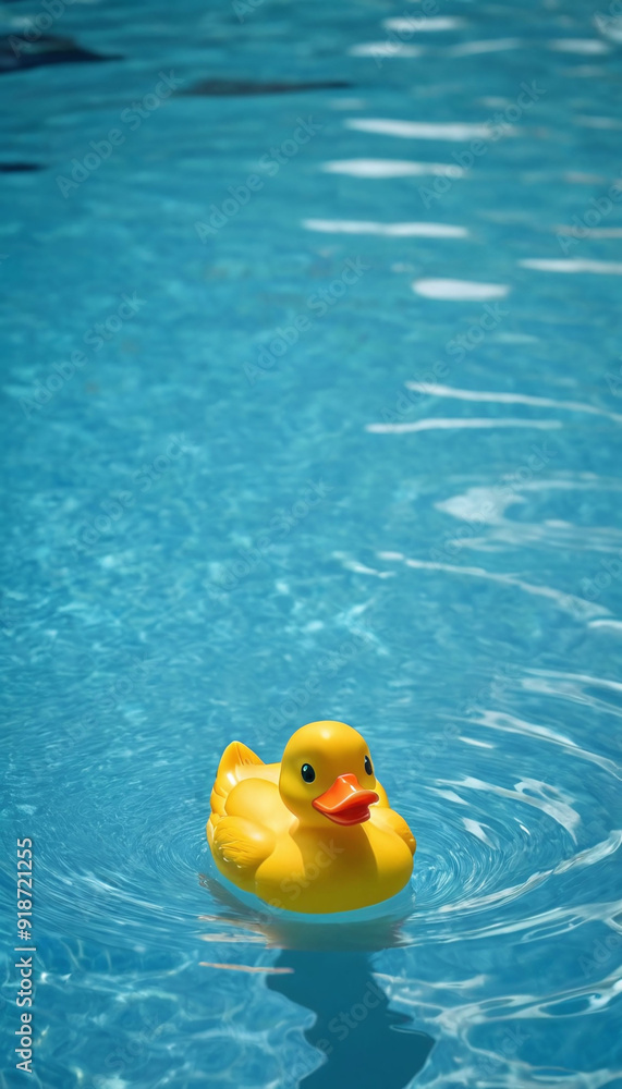 a cute yellow rubber plastic duck toy floating on surface of blue water in a pool, lake, sea a cute yellow rubber plastic duck toy floating on surface of blue water in a pool, lake, sea