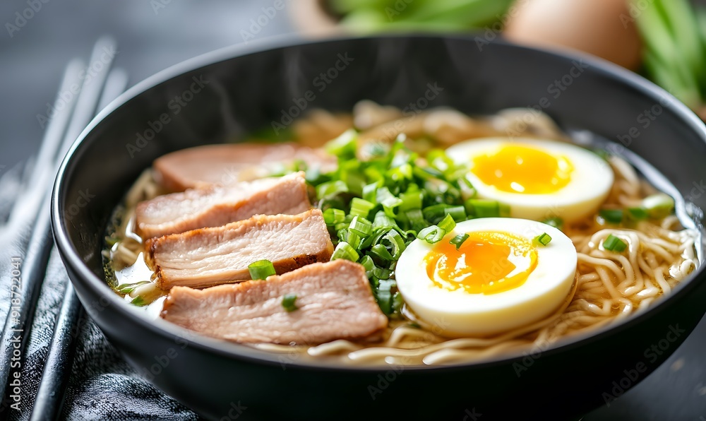 Japanese tonkotsu ramen topped with chashu and egg, Generative AI Japanese tonkotsu ramen topped with chashu and egg, Generative AI