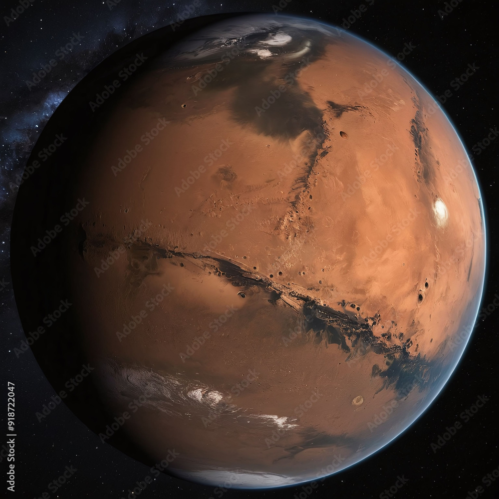 Naklejka premium 3D Planet Mars isolated in dark stary array galaxy solar system red planet