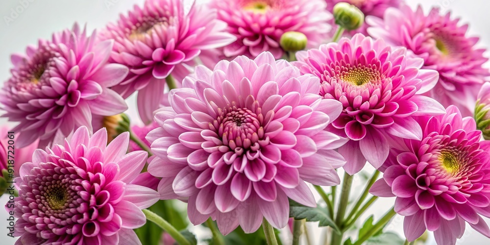 Obraz premium Vibrant pink chrysanthemum flowers in a lush bouquet against a crisp white background, surrounded by a delicate border of soft pink blooms, exuding elegance.