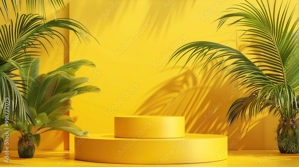 A two-tiered yellow platform sits on a yellow floor with two potted palm trees on the left and right. The platform is bathed in sunlight casting long shadows across the floor. A two-tiered yellow platform sits on a yellow floor with two potted palm trees on the left and right. The platform is bathed in sunlight casting long shadows across the floor.