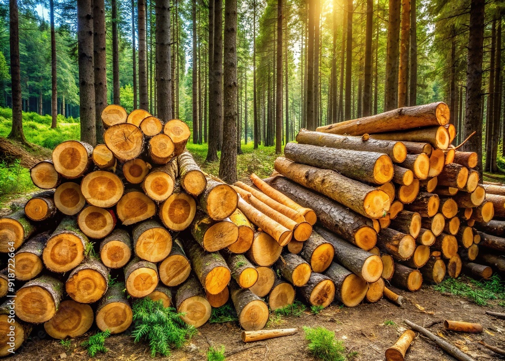Freshly chopped pine wood logs stacked in a neat pile, surrounded by lush forest undergrowth, with rustic bark and earthy tones on display. Freshly chopped pine wood logs stacked in a neat pile, surrounded by lush forest undergrowth, with rustic bark and earthy tones on display.