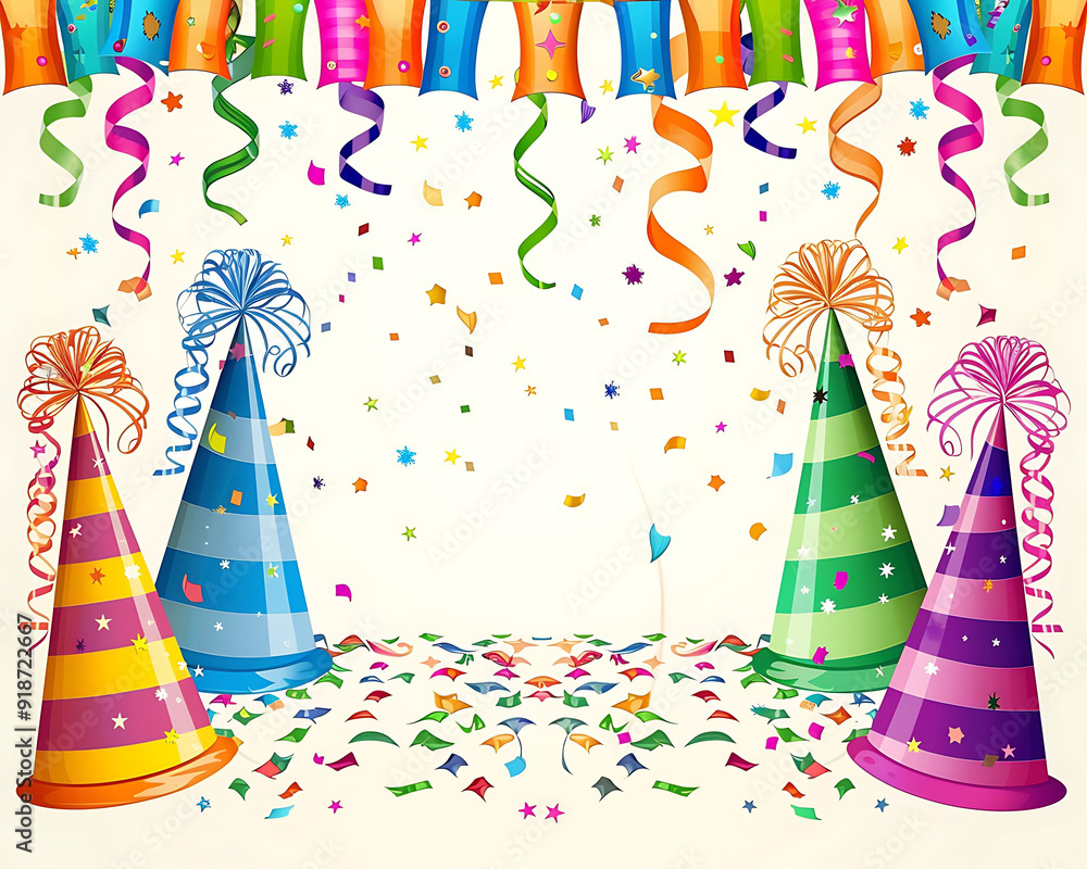 Obraz premium Fun birthday card with colorful streamers and party hats an open area for text at the top