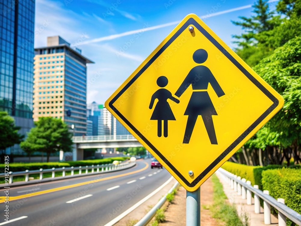 Vibrant yellow warning sign in a Korean school zone limits speed to 30 km/h, prioritizing children's safety near a busy motorway in Geomdan, Incheon. Vibrant yellow warning sign in a Korean school zone limits speed to 30 km/h, prioritizing children's safety near a busy motorway in Geomdan, Incheon.