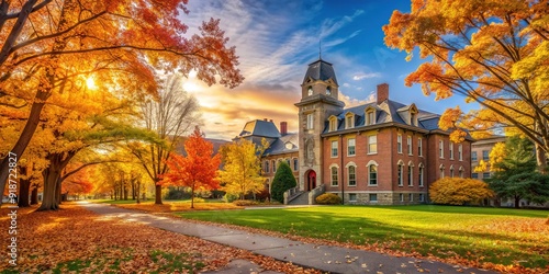 Vibrant autumn colors surround historic university buildings, with fallen leaves blanketing the grounds, as warm sunlight filters through the changing foliage on a crisp fall day.