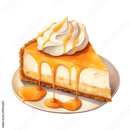 Watercolor Isolated Slice of Cheesecake on a Plate Topped with Orange Pumpkin Glaze and Whipped Cream photo