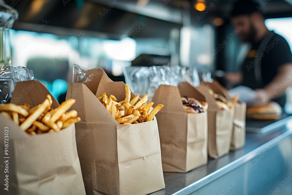 Close-up of crispy french fries in paper bags on a counter in a food truck. Close-up of crispy french fries in paper bags on a counter in a food truck.