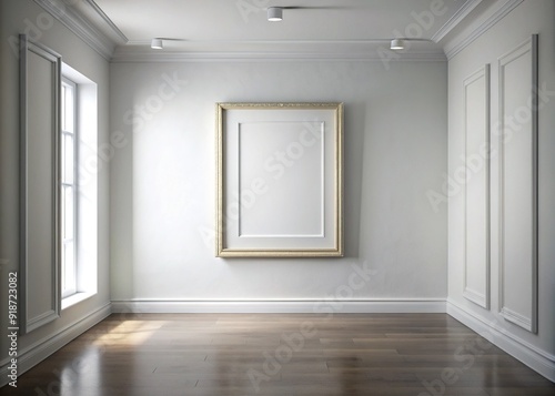 Elegant white gallery wall features a blank frame with a subtle shadow, awaiting artwork, surrounded by empty space, exuding minimalism and sophistication.