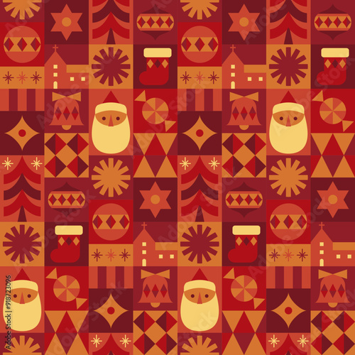 Christmas Seamless Pattern with Geometric Festive Motifs in warm Red, Orange, and Yellow tones.