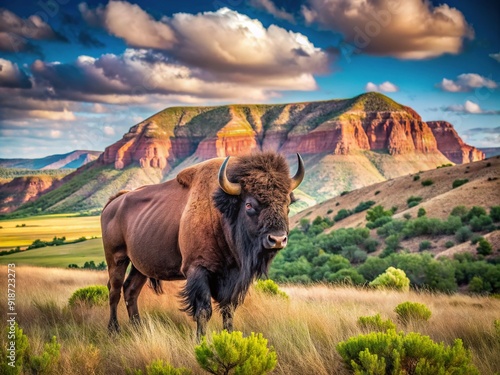 A majestic bison stands proudly in the scenic landscape of Caprock Canyons State Park, Texas, surrounded by rolling hills and vast, open skies. photo