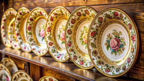 Intricately painted antique porcelain plates with ornate gold trim and delicate floral patterns adorn a vintage wooden shelf, evoking a sense of luxury and refinement. photo