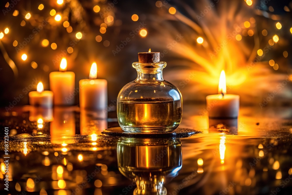A serene ambiance emanates from a candle's warm glow, suspended in a bottle of oil and water, casting a mystical reflection on a dark background. A serene ambiance emanates from a candle's warm glow, suspended in a bottle of oil and water, casting a mystical reflection on a dark background.