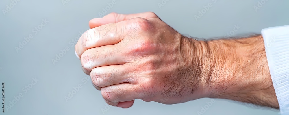 Fototapeta premium A close-up of a clenched fist symbolizing strength, determination, and readiness for action against a subtle background.