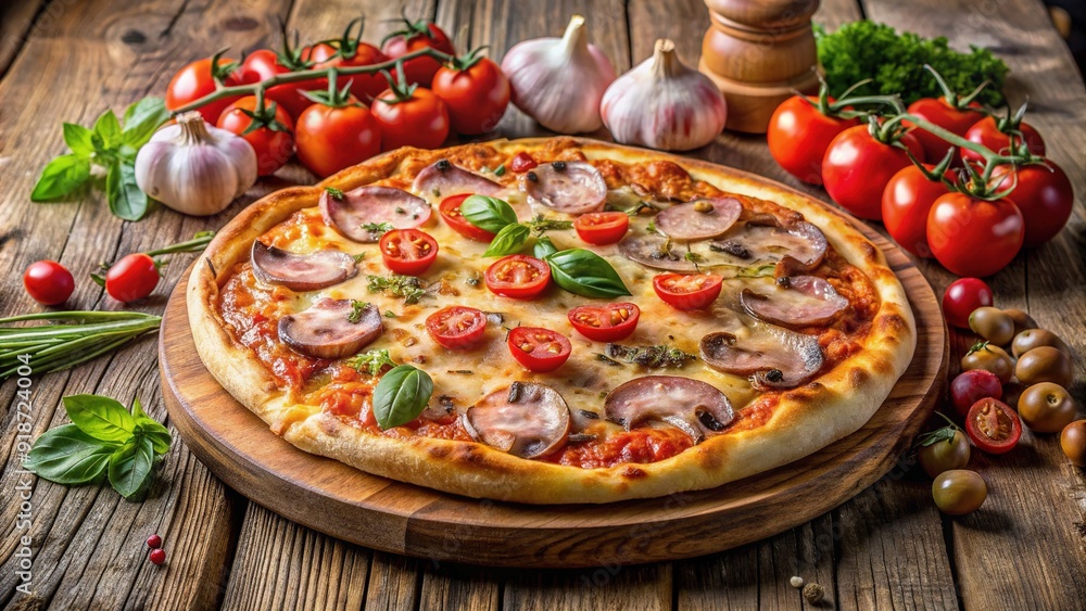 Savory Italian-style pizza loaded with melted cheese, juicy champignons, spicy sausage, crispy ham, and ripe tomatoes, beautifully arranged on a rustic wooden board. Savory Italian-style pizza loaded with melted cheese, juicy champignons, spicy sausage, crispy ham, and ripe tomatoes, beautifully arranged on a rustic wooden board.