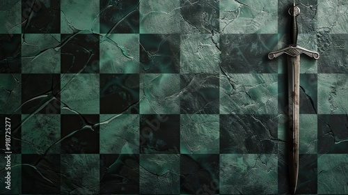 A Silver Sword on a Cracked Green Checkerboard photo