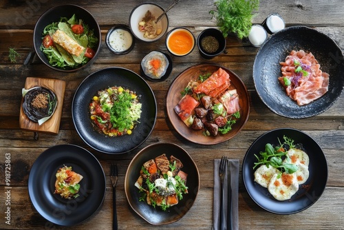 Fototapeta Naklejka Na Ścianę i Meble -  Gourmet Food Arrangement on Rustic Wooden Table