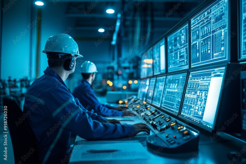 Industrial Control Room with Workers Monitoring Screens Industrial Control Room with Workers Monitoring Screens