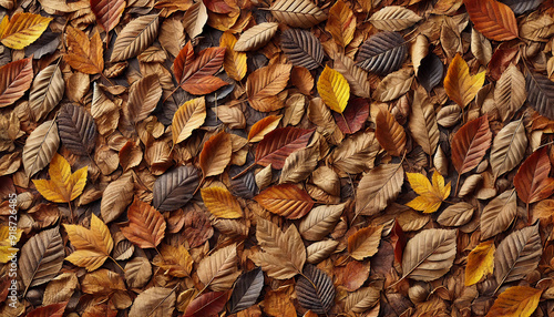 敷き詰められた秋の落ち葉のテクスチャ背景素材
