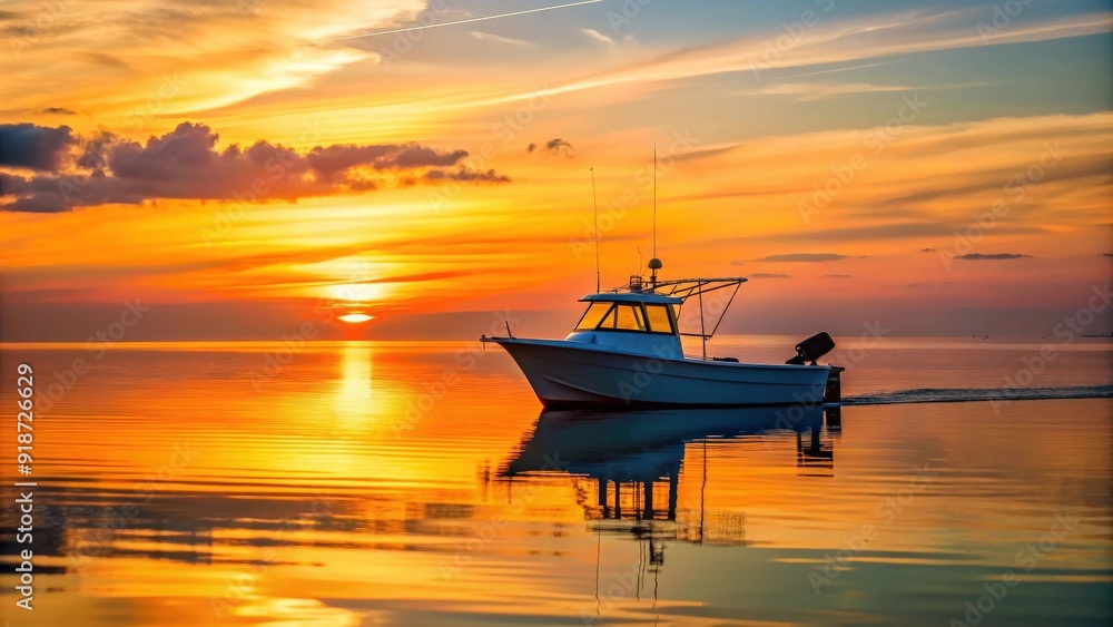 Modern fishing boat cruising on calm waters at sunrise with a beautiful orange sky reflecting on the water, fishing, boat Modern fishing boat cruising on calm waters at sunrise with a beautiful orange sky reflecting on the water, fishing, boat