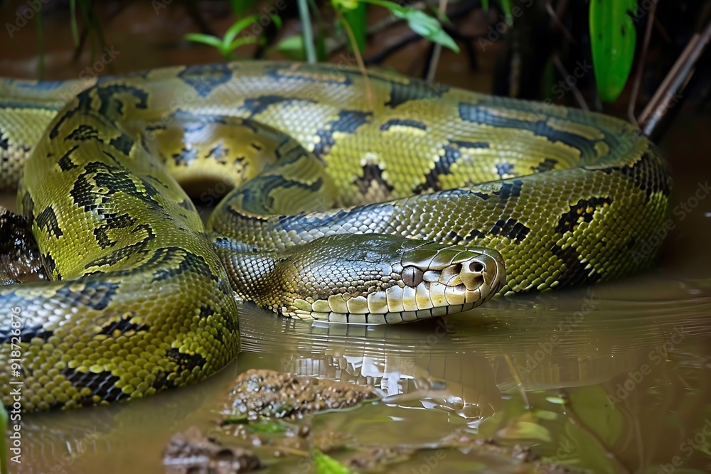 Green Anaconda slithering through the water in the Amazon River its massive body and powerful muscles a symbol of the sheer strength and adaptability of this apex predator Green Anaconda slithering through the water in the Amazon River its massive body and powerful muscles a symbol of the sheer strength and adaptability of this apex predator