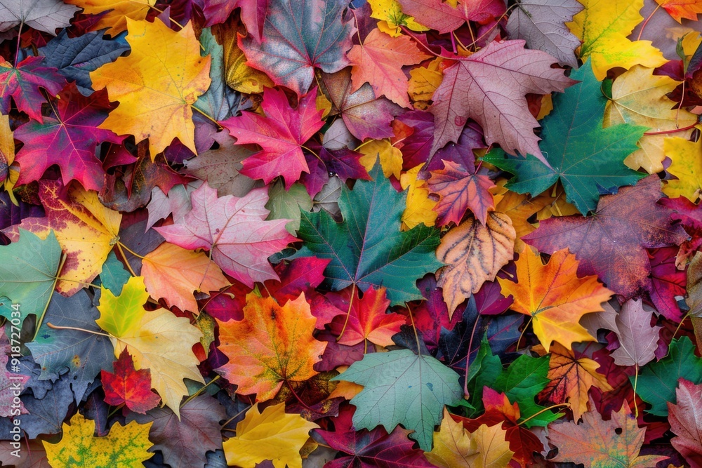 A pile of fallen leaves in vibrant colors scattered on the grass A pile of fallen leaves in vibrant colors scattered on the grass