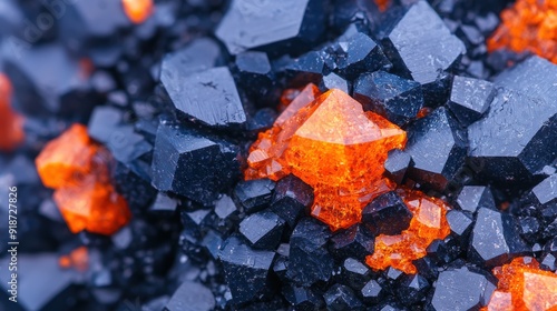 Close-up of Vibrant Orange and Black Crystals in Natural Mineral Formation, Showcasing Stunning Geometric Patterns and Rich Colors