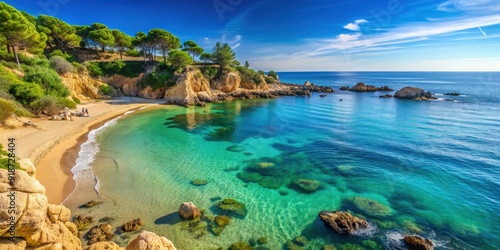 Sunny beach with clear blue waters and rocky cliffs in Platja de Tamarit, Altafulla, Tarragona, beach photo