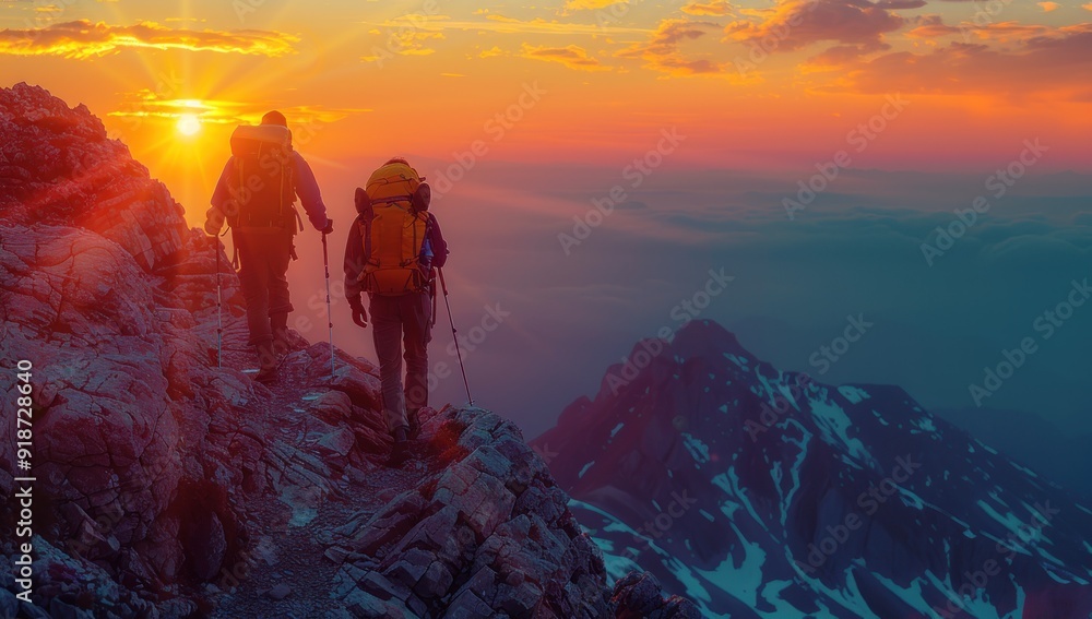 Hikers on a Mountain Ridge at Sunset Hikers on a Mountain Ridge at Sunset