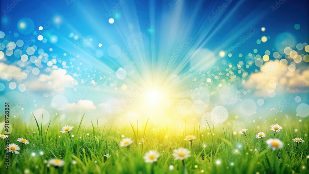 Obraz premium Fresh spring blue sunny sky background with blurred warm sunny glow , clear, sunny, sky, spring, blue, fresh, sunlight