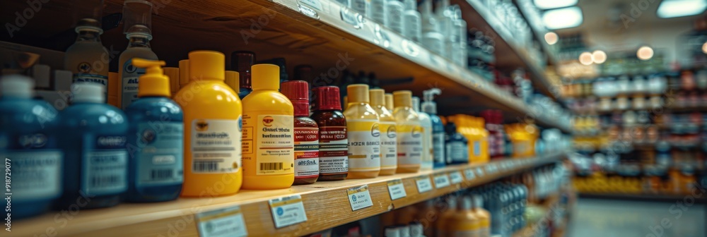 Assortment of Bottles on Wooden Shelves in a Grocery Store Assortment of Bottles on Wooden Shelves in a Grocery Store