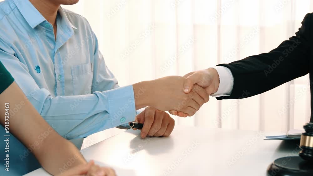 Lovely couple shake hand with their smart lawyer after successfully completing marriage certification and receiving legal consultation about matrimony assistance from law firm. Slow motion. Rigid. Lovely couple shake hand with their smart lawyer after successfully completing marriage certification and receiving legal consultation about matrimony assistance from law firm. Slow motion. Rigid.