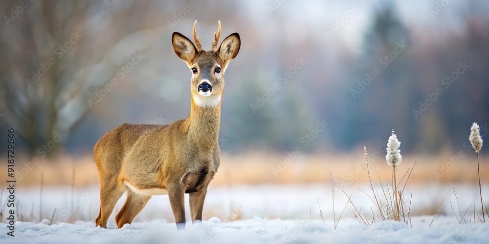 European roe deer standing on a snowy winter meadow , wildlife, nature, mammal, snowy, cold, fur, antlers, beautiful, elegant European roe deer standing on a snowy winter meadow , wildlife, nature, mammal, snowy, cold, fur, antlers, beautiful, elegant