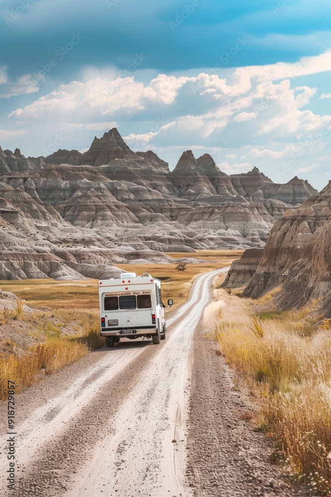 A white van drives down a dirt road A white van drives down a dirt road
