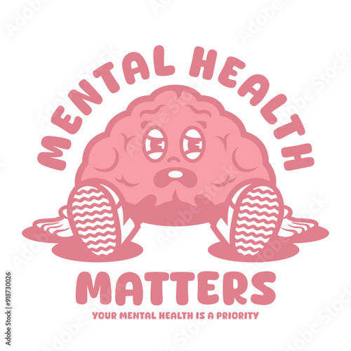 Funny cartoon character of brain, mental health matters. Can be used as Sticker, posters, prints. Retro cartoon style. Vector illustration