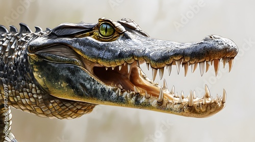 A realistic illustration of a spectacled caiman, its long snout and sharp teeth photo