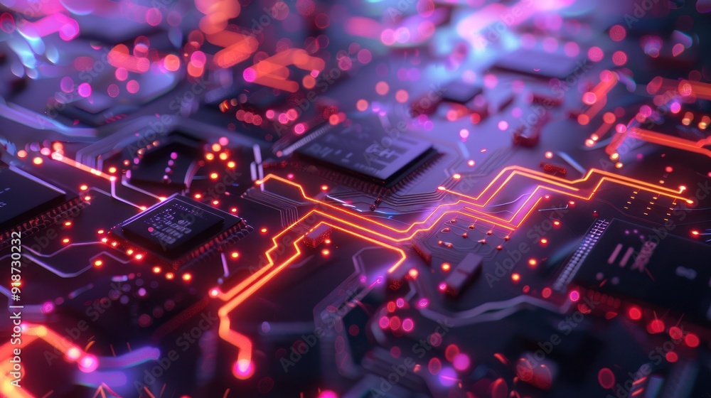 Fototapeta premium Close-up of a Circuit Board with Glowing Lines