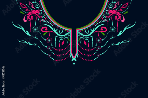 Elegant Neckline Design. A stylish and intricate neckline pattern in pink, teal, and green with delicate decorative elements, ideal for garment embellishments and textile design.
