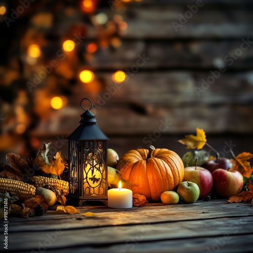 Wooden Table With Lantern And Candles Decorated