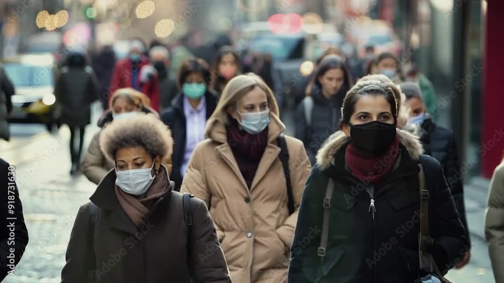 Crowd of people walking street wearing masks Crowd of people walking street wearing masks