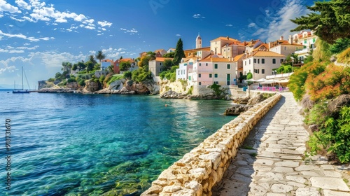 Stone Path Leading to a Picturesque Coastal Town