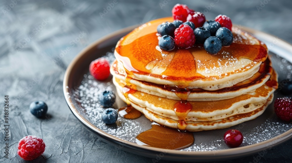 Stack of Pancakes with Syrup, Berries, and Powdered Sugar Stack of Pancakes with Syrup, Berries, and Powdered Sugar