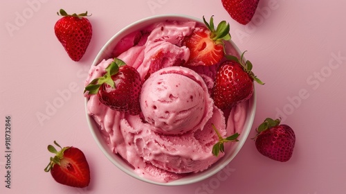 Bowl of Strawberry Ice Cream with Fresh Strawberries on Pink Background