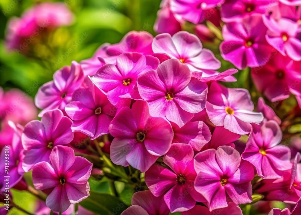 Vibrant pink phlox flowers bloom in tight clusters, delicate petals unfurling to reveal yellow centers, surrounded by lush green foliage on a sunny spring day. Vibrant pink phlox flowers bloom in tight clusters, delicate petals unfurling to reveal yellow centers, surrounded by lush green foliage on a sunny spring day.