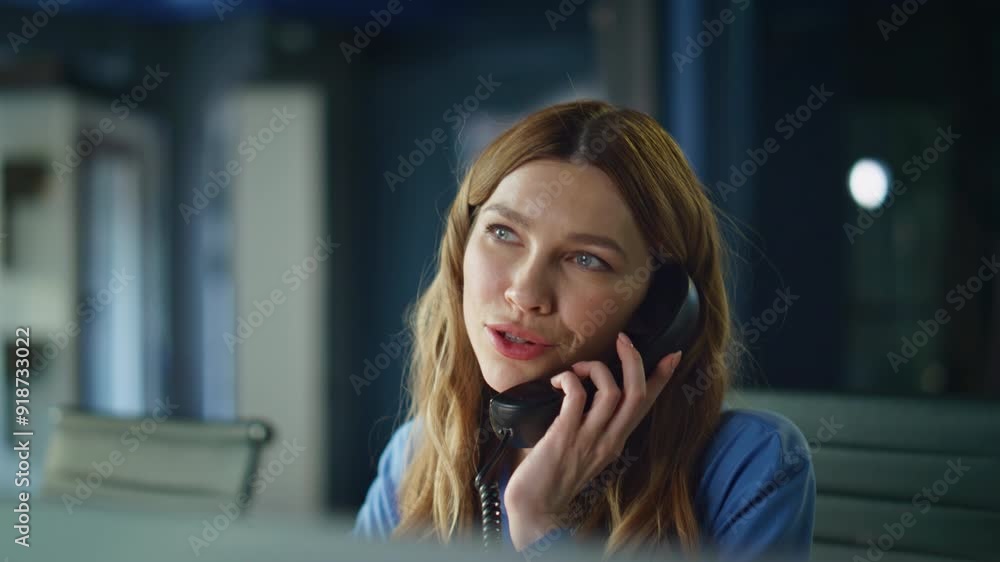 Business manager answering telephone sitting workspace closeup. Help desk worker