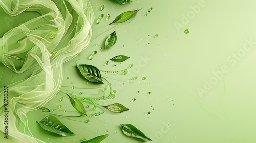 Green Leaves, Water Droplets, and a Sheer Fabric Swirl on a Pale Green Background photo