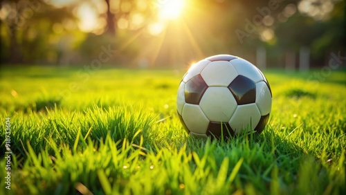 Well-groomed green grass texture in a garden with a soccer ball, green, grass, texture, soccer ball, turf, garden, well-groomed