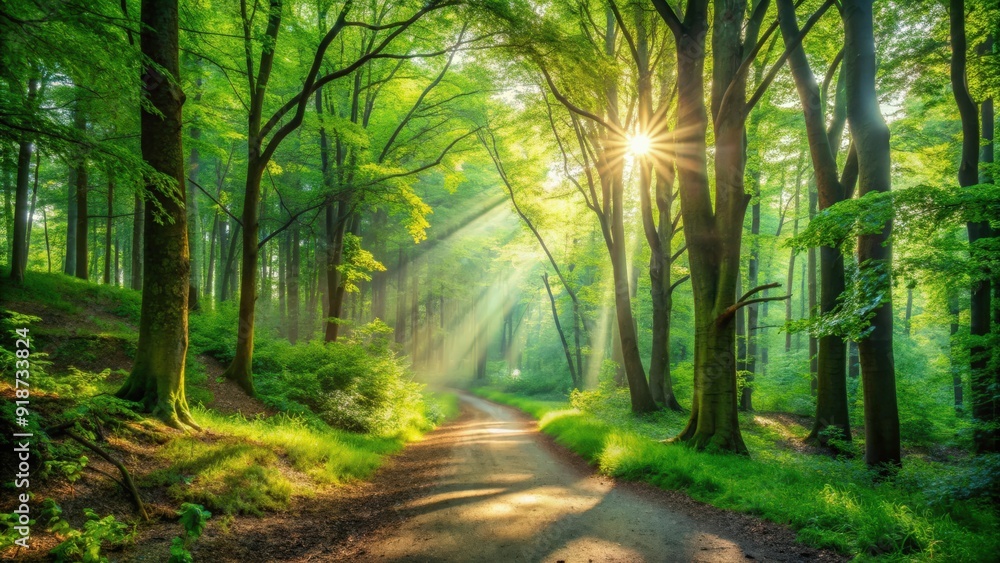 Fototapeta premium A tranquil forest trail with sunlight filtering through green trees, ideal for a peaceful walk and reflection, serene, forest